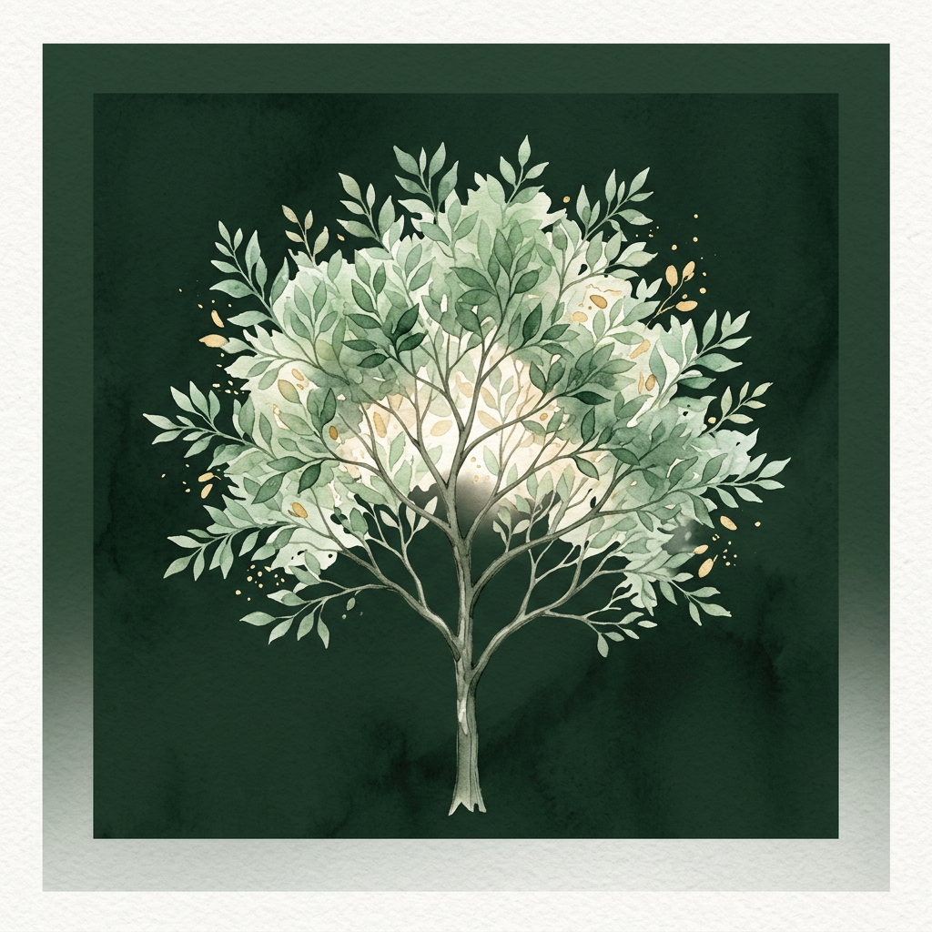 A watercolor illustration of a young tree with sage-green leaves glowing softly against deep green